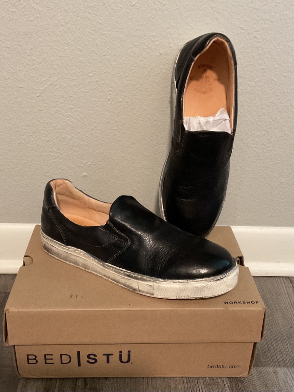 Bed Stu Black Leather Slip-On Flats with White Sole